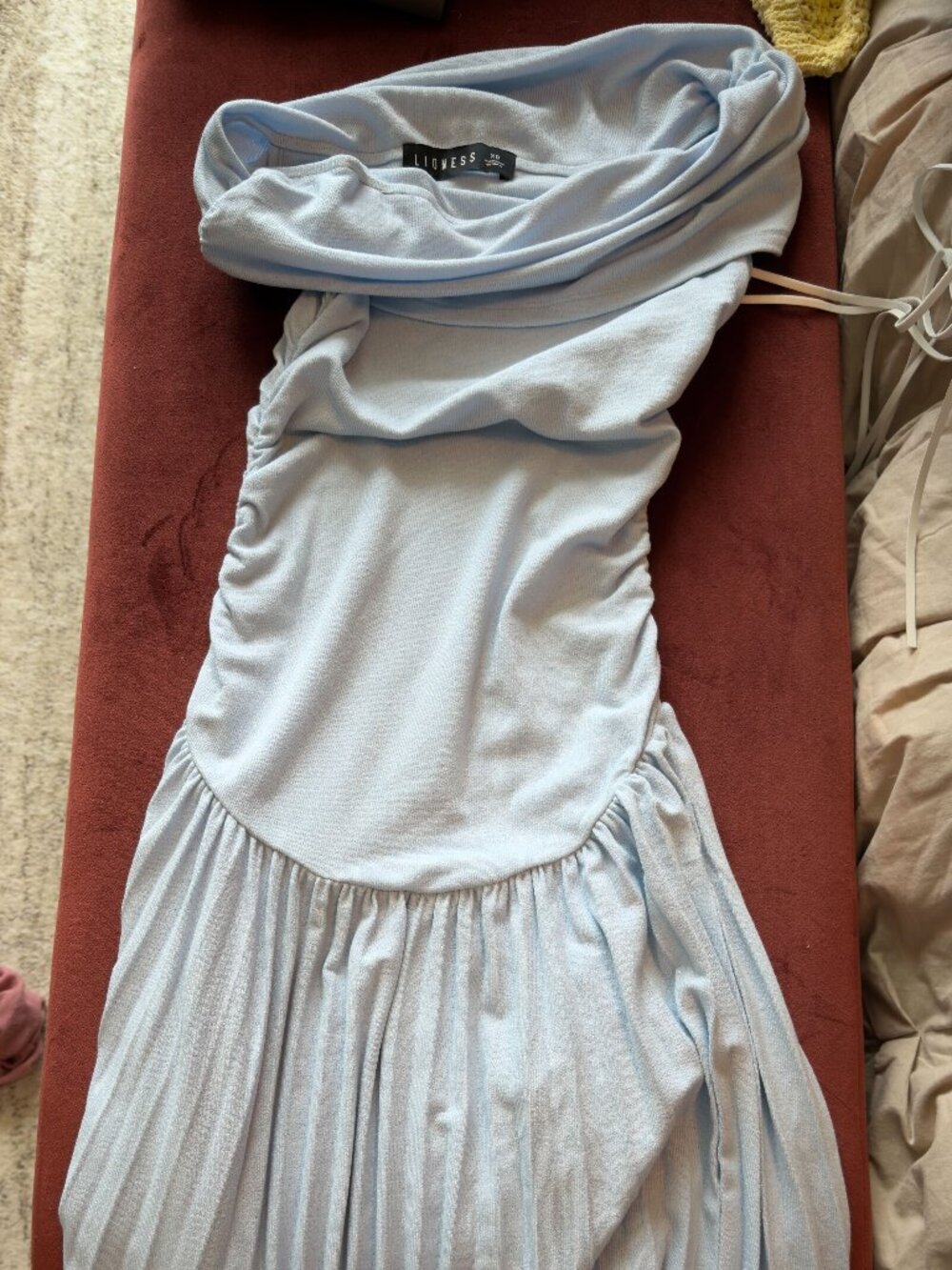 Lioness Powder Blue Off-Shoulder Ruched Midi Dress XS